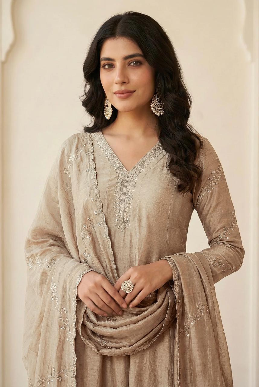 Elegant Beige Anarkali Kurta Pant Set with Dupatta for Women