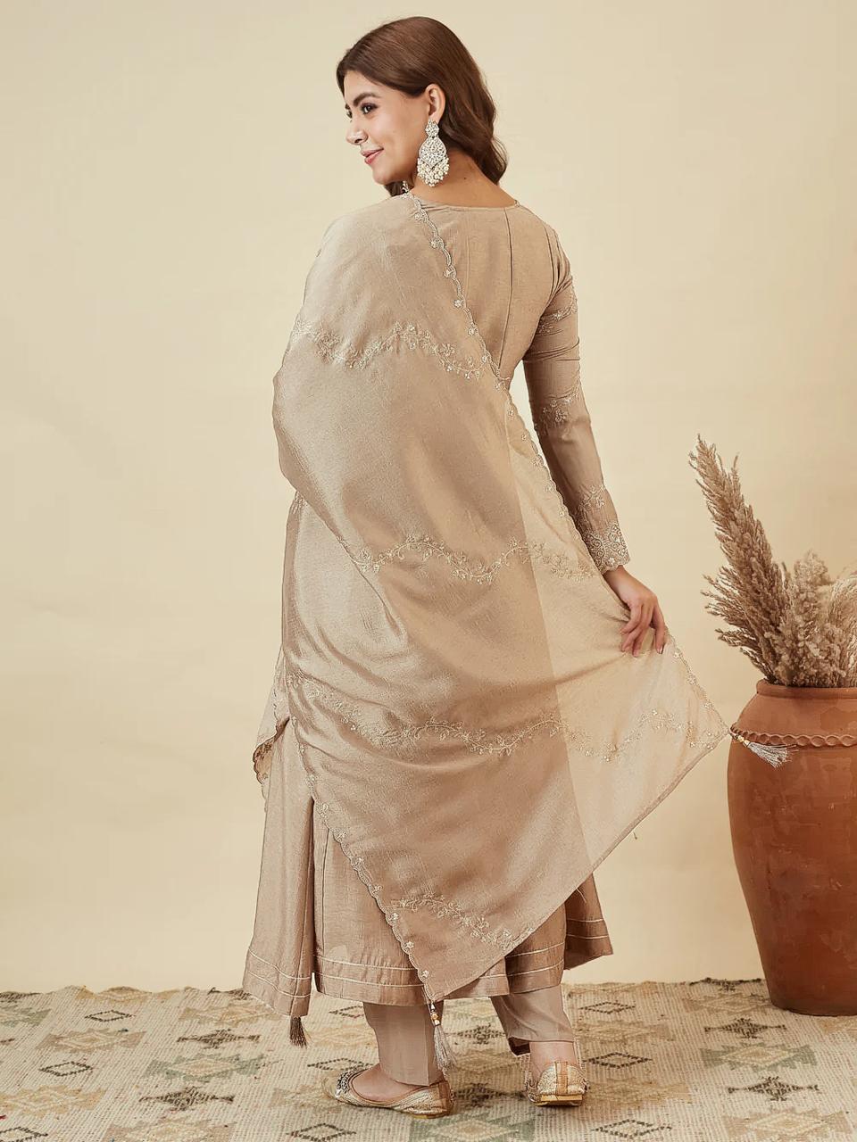 Elegant Beige Anarkali Kurta Pant Set with Dupatta for Women