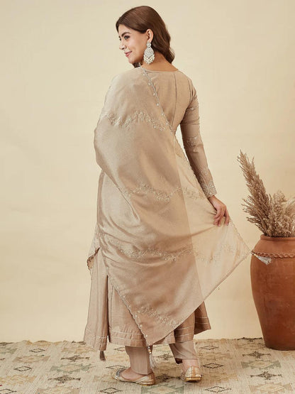 Elegant Beige Anarkali Kurta Pant Set with Dupatta for Women