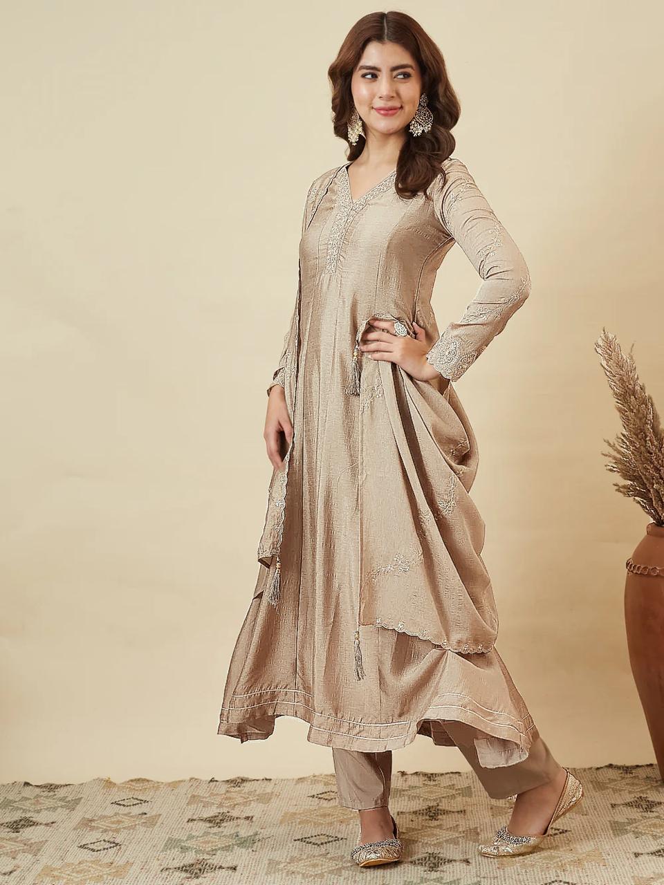 Elegant Beige Anarkali Kurta Pant Set with Dupatta for Women