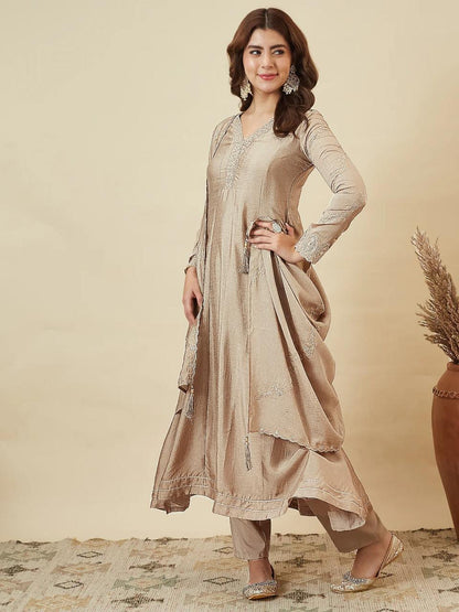 Elegant Beige Anarkali Kurta Pant Set with Dupatta for Women