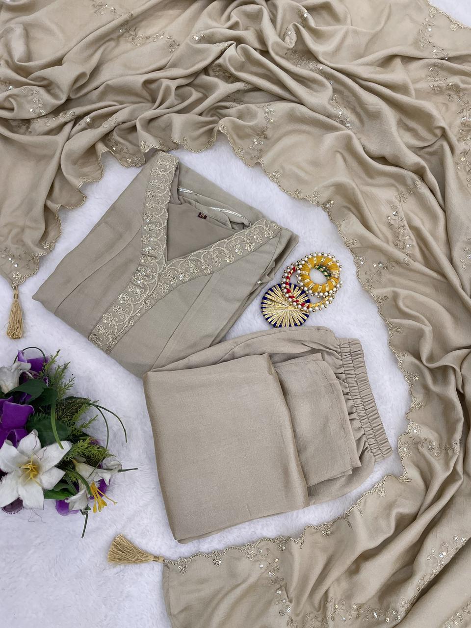 Elegant Beige Anarkali Kurta Pant Set with Dupatta for Women