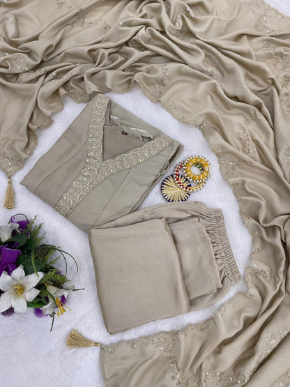 Elegant Beige Anarkali Kurta Pant Set with Dupatta for Women