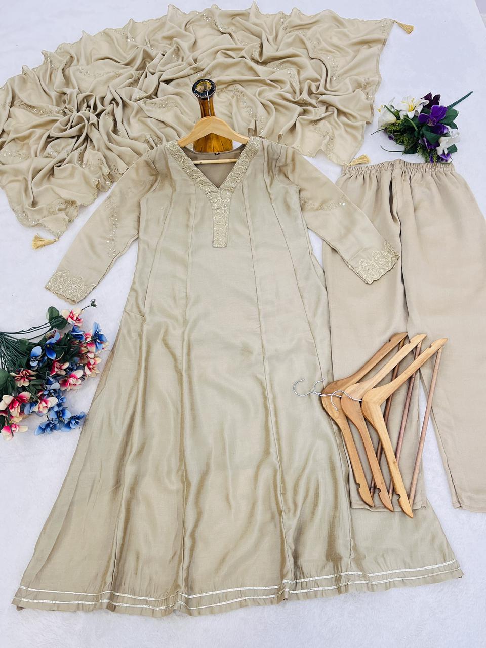 Elegant Beige Anarkali Kurta Pant Set with Dupatta for Women