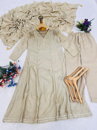 Elegant Beige Anarkali Kurta Pant Set with Dupatta for Women