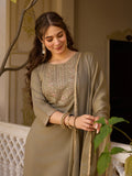 Beige Embroidered Rayon Kurta Set with Chinon Dupatta
