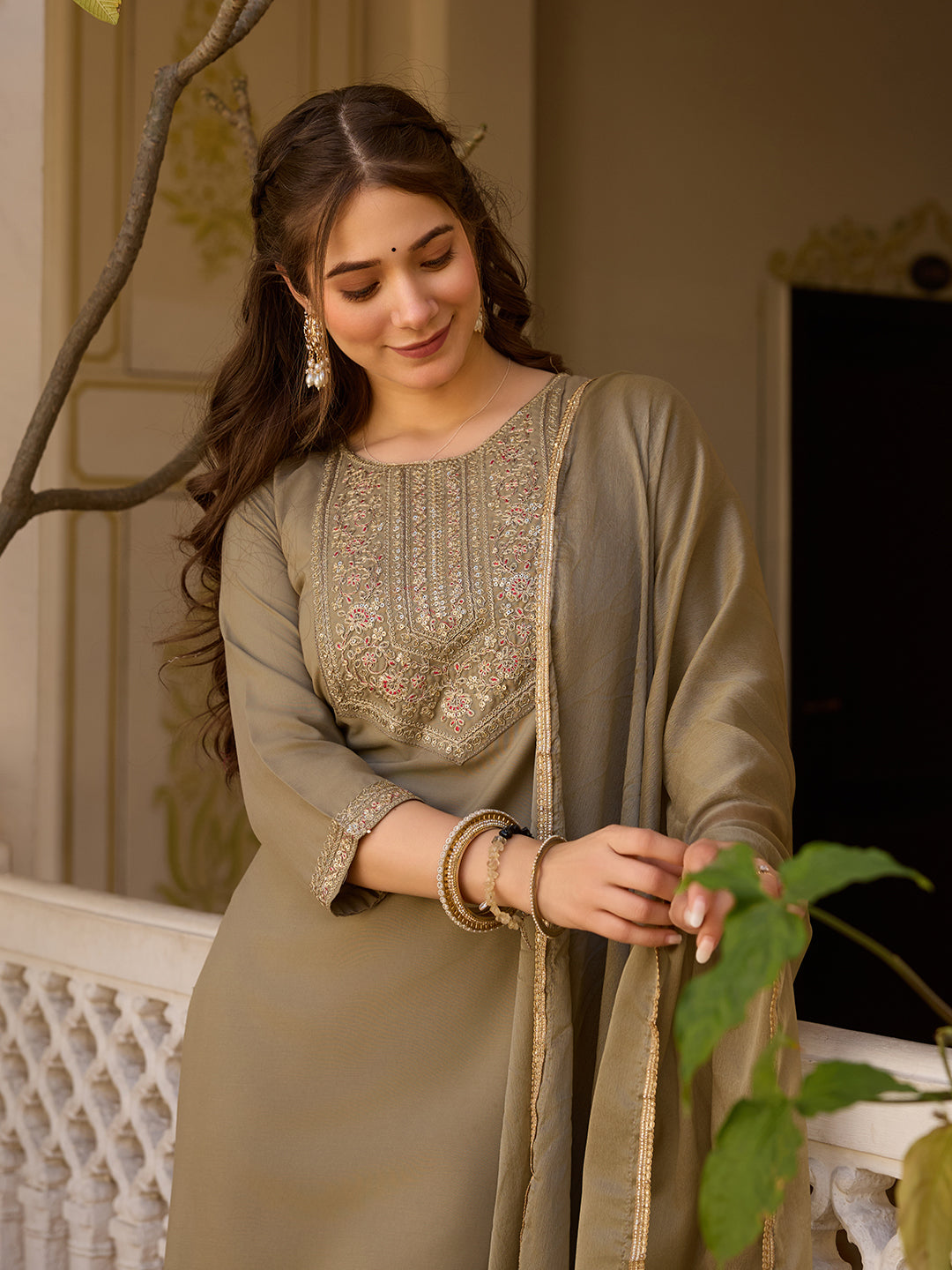 Beige Embroidered Rayon Kurta Set with Chinon Dupatta