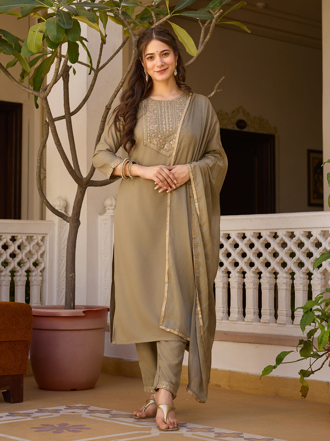 Beige Embroidered Rayon Kurta Set with Chinon Dupatta for Women