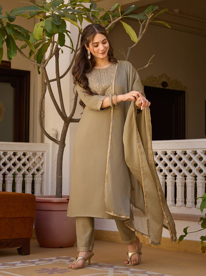 Beige Embroidered Rayon Kurta Set with Chinon Dupatta for Women
