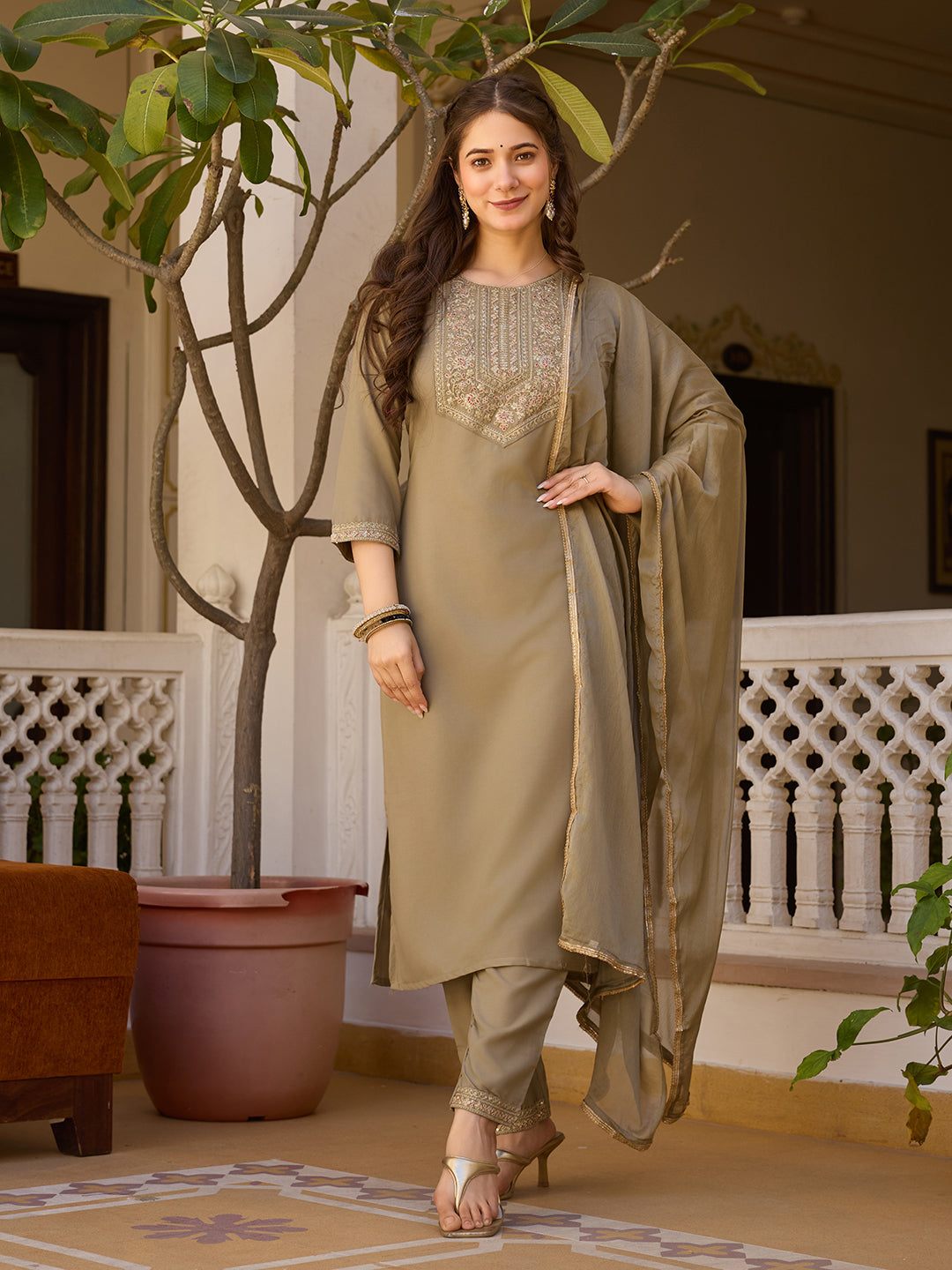 Beige Embroidered Rayon Kurta Set with Chinon Dupatta for Women