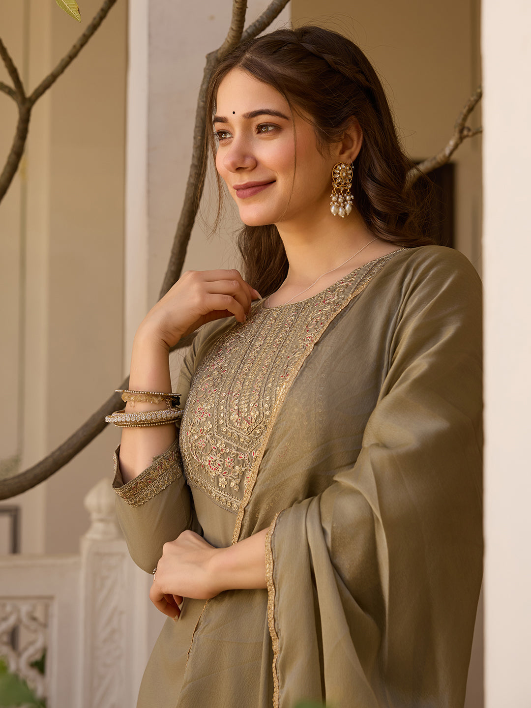 Beige Embroidered Rayon Kurta Set with Chinon Dupatta for Women
