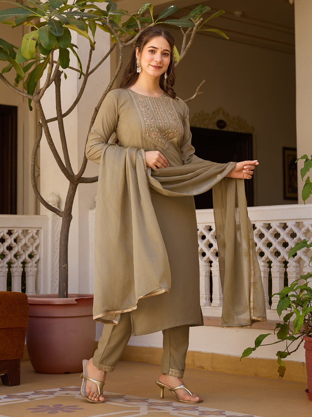 Beige Embroidered Rayon Kurta Set with Chinon Dupatta for Women