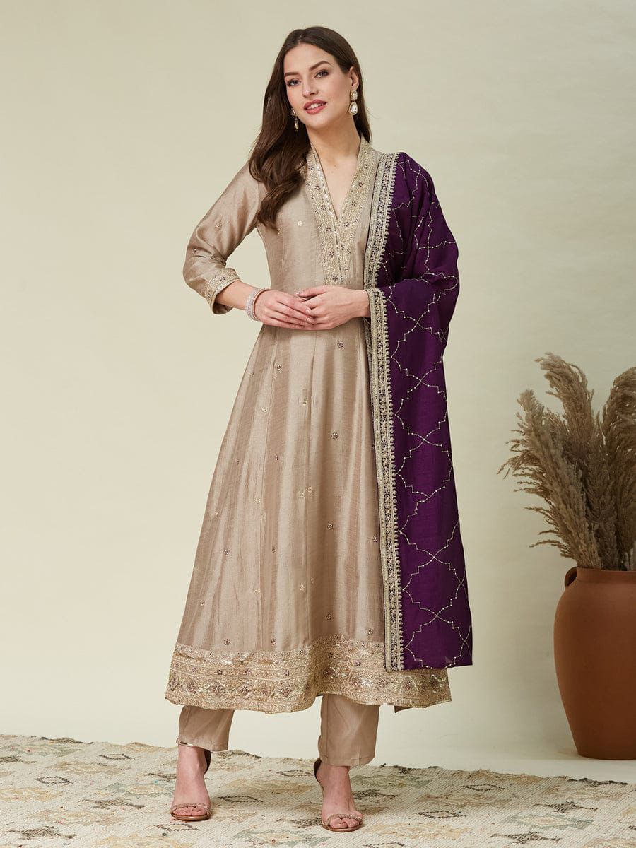 Beige Embroidered Silk Anarkali Set with Dupatta