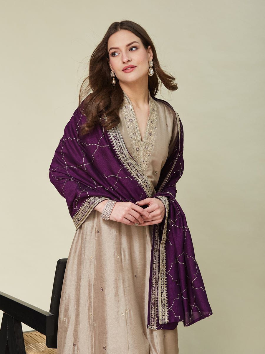 Beige Embroidered Silk Anarkali Set with Dupatta for Women