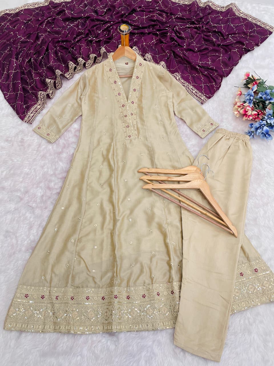 Beige Embroidered Silk Anarkali Set with Dupatta for Women
