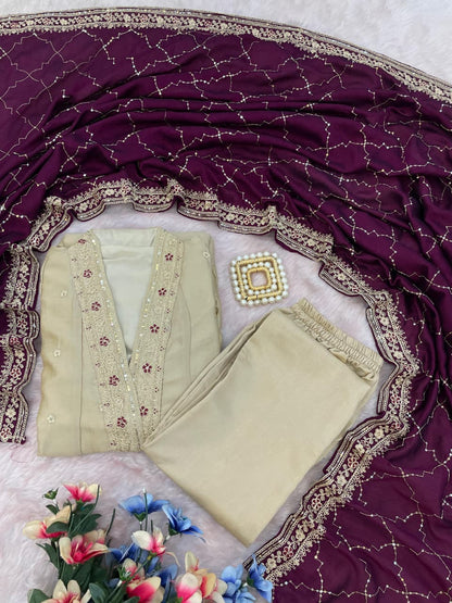 Beige Embroidered Silk Anarkali Set with Dupatta for Women