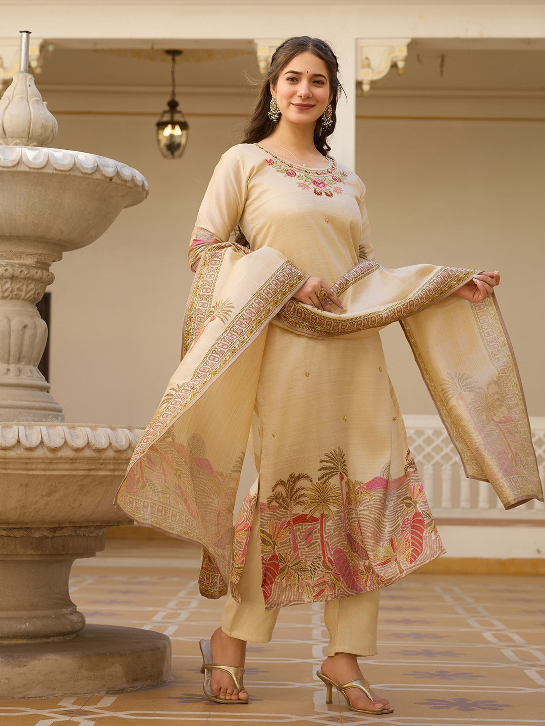 Beige Embroidered Silk Kurti Pant Dupatta Set Women