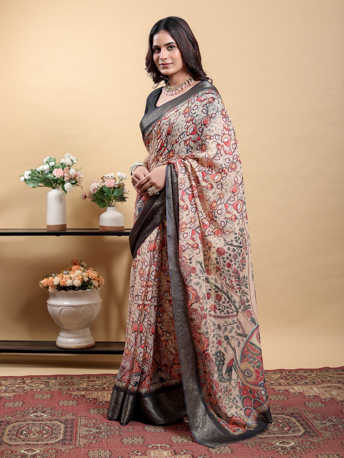 Beige Kalamkari Printed Linen Cotton Saree for Women
