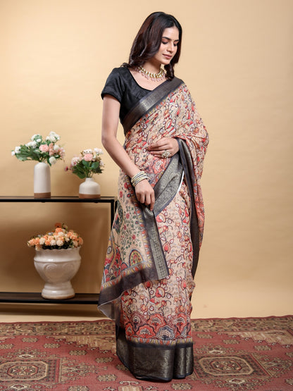 Beige Kalamkari Printed Linen Cotton Saree for Women