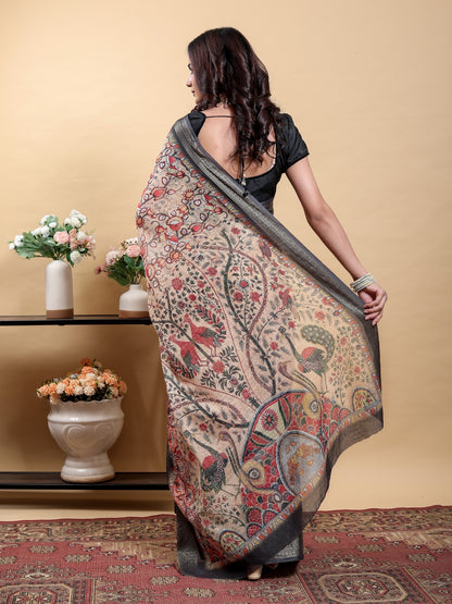 Beige Kalamkari Printed Linen Cotton Saree for Women