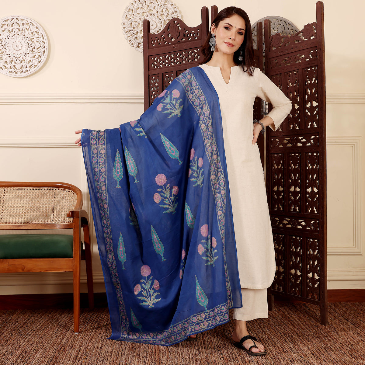 Beige Kurta Set with Blue Chanderi Dupatta for Women