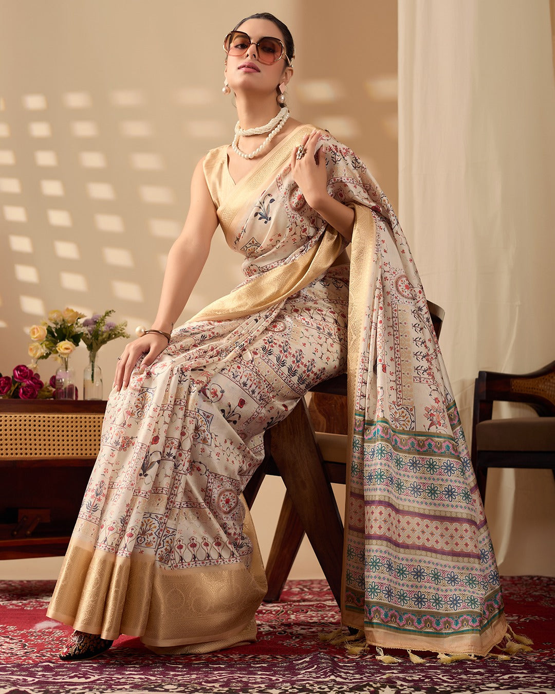 Beige Lichi Silk Saree with Zari Woven Border for Women