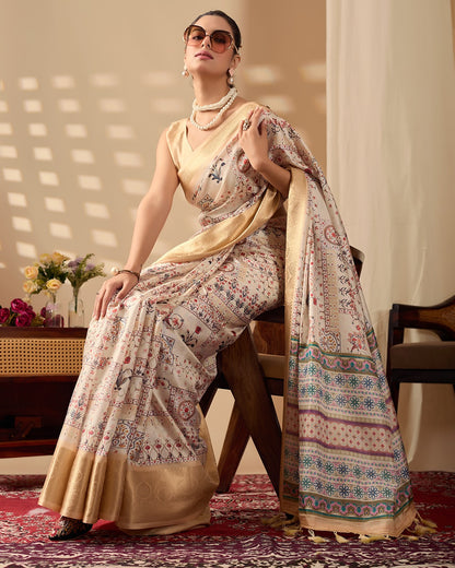 Beige Lichi Silk Saree with Zari Woven Border for Women