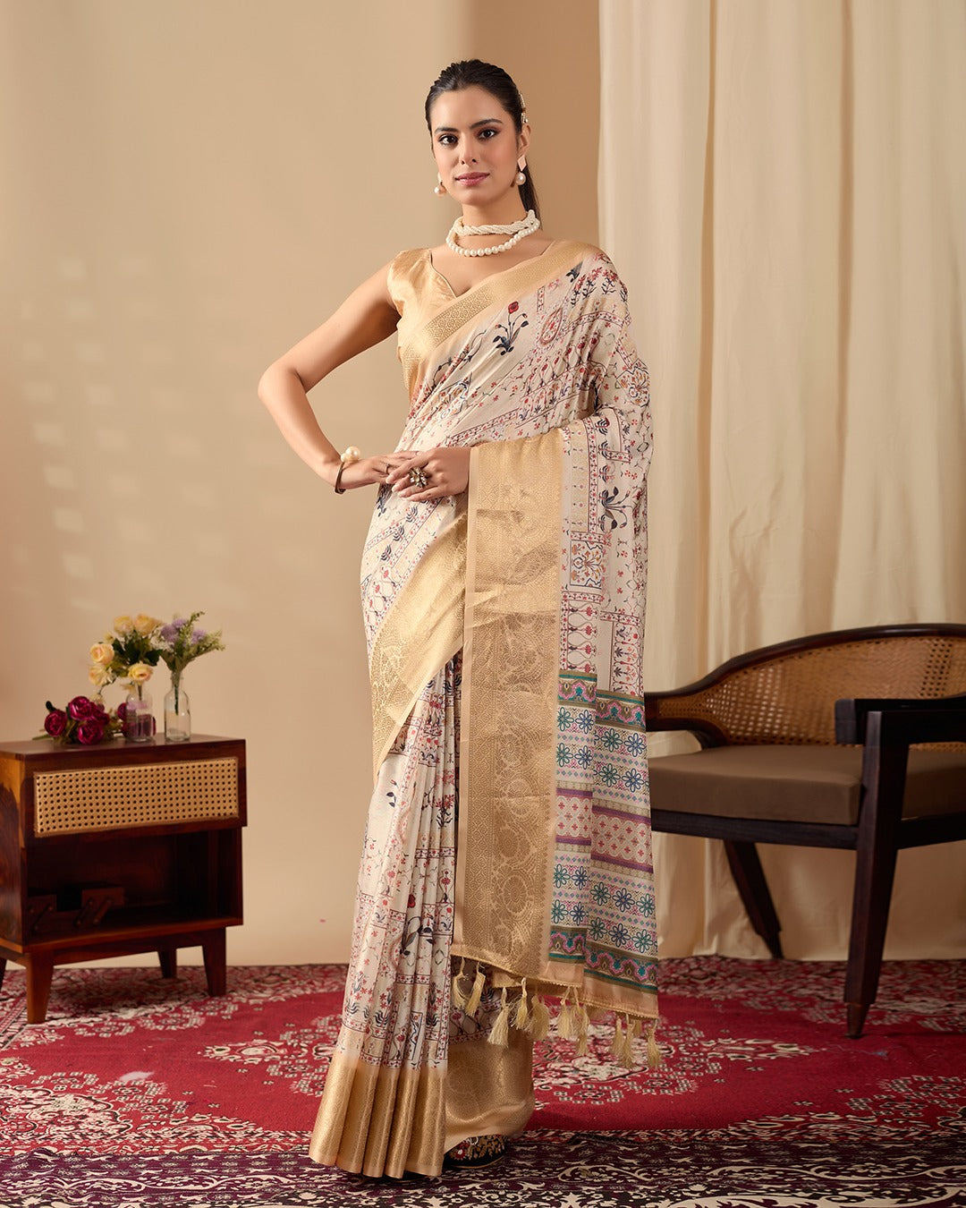 Beige Lichi Silk Saree with Zari Woven Border for Women