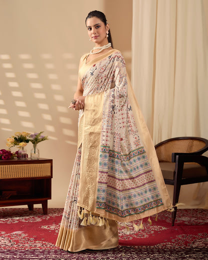 Beige Lichi Silk Saree with Zari Woven Border for Women