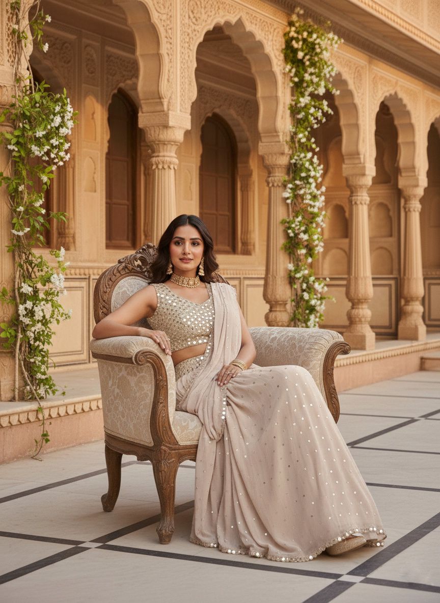 Beige Mirror Work Ready to Wear Saree with Blouse