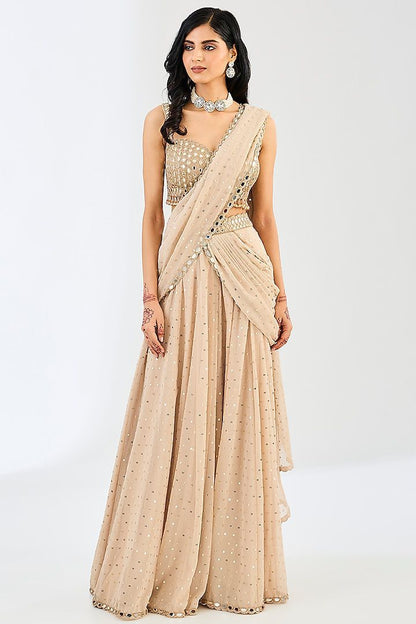 Beige Mirror Work Ready to Wear Saree with Blouse for Women