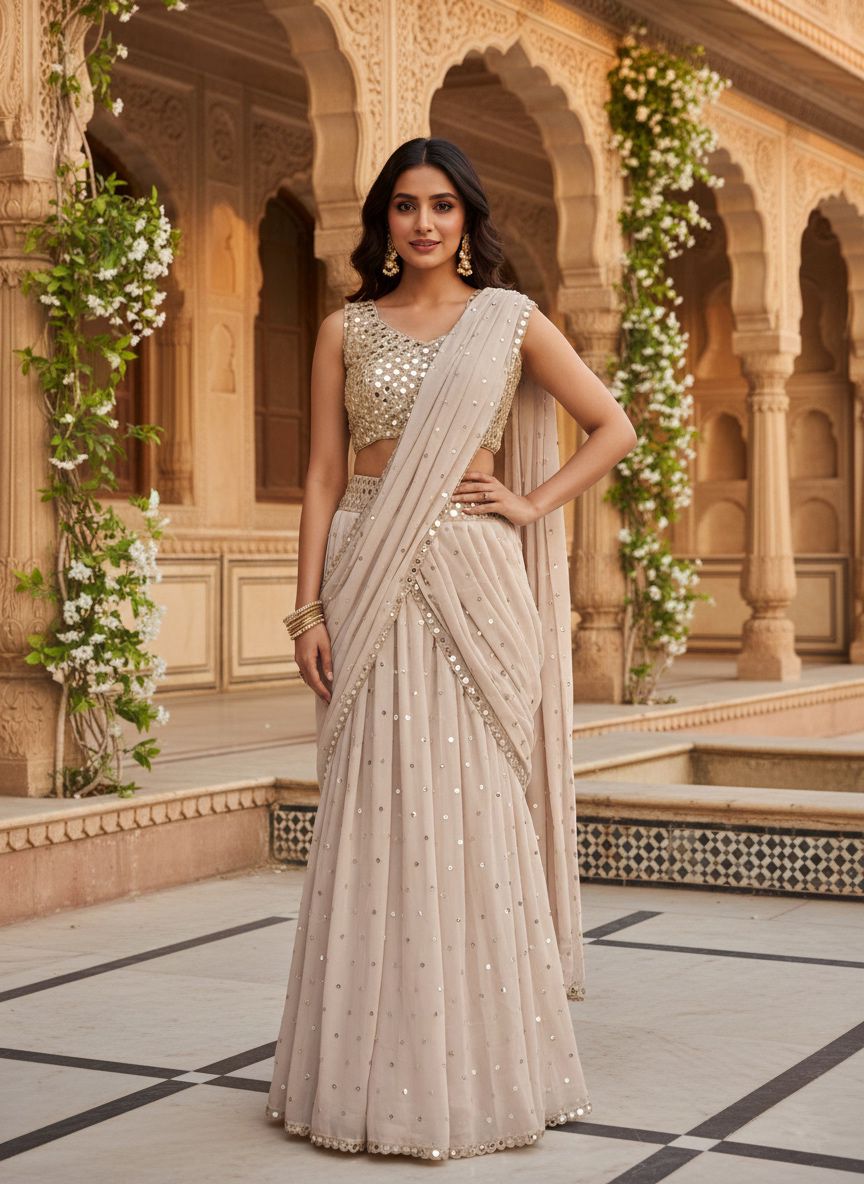 Beige Mirror Work Ready to Wear Saree with Blouse for Women