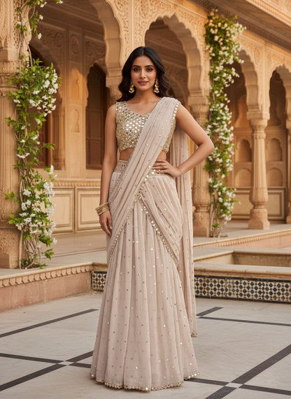 Beige Mirror Work Ready to Wear Saree with Blouse for Women