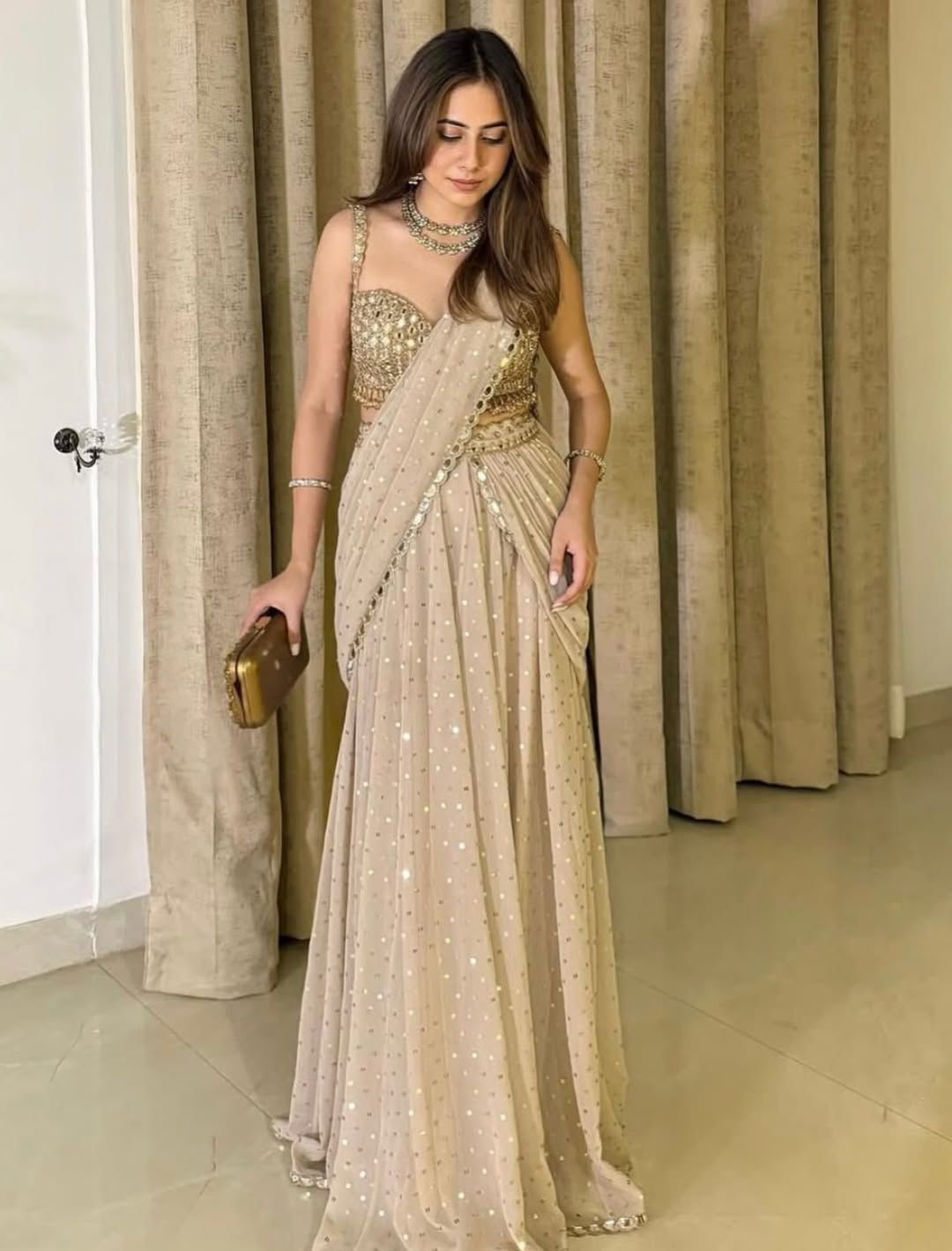 Beige Mirror Work Ready to Wear Saree with Blouse for Women