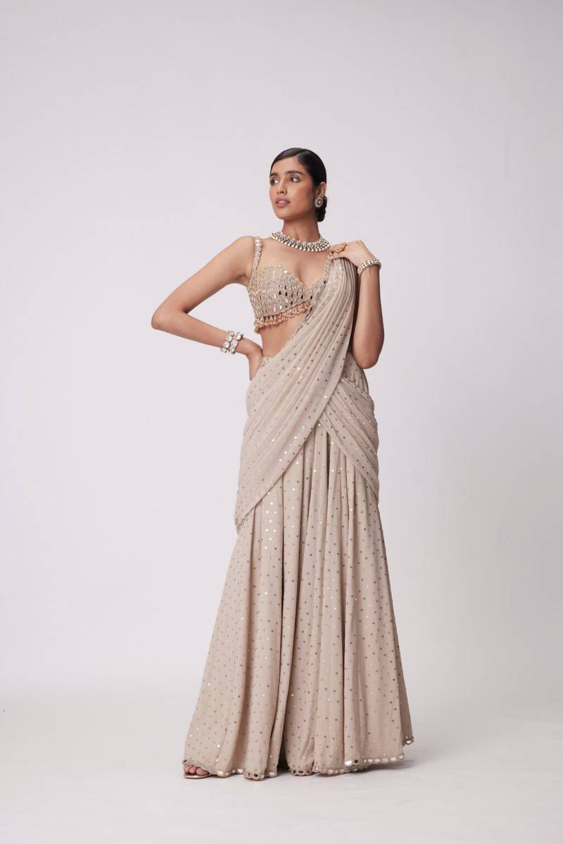 Beige Mirror Work Ready to Wear Saree with Blouse for Women