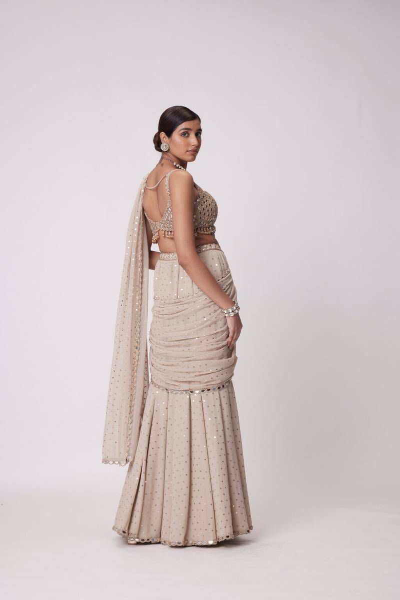 Beige Mirror Work Ready to Wear Saree with Blouse for Women