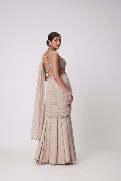 Beige Mirror Work Ready to Wear Saree with Blouse for Women