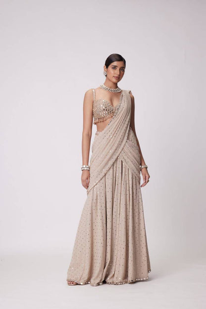 Beige Mirror Work Ready to Wear Saree with Blouse for Women