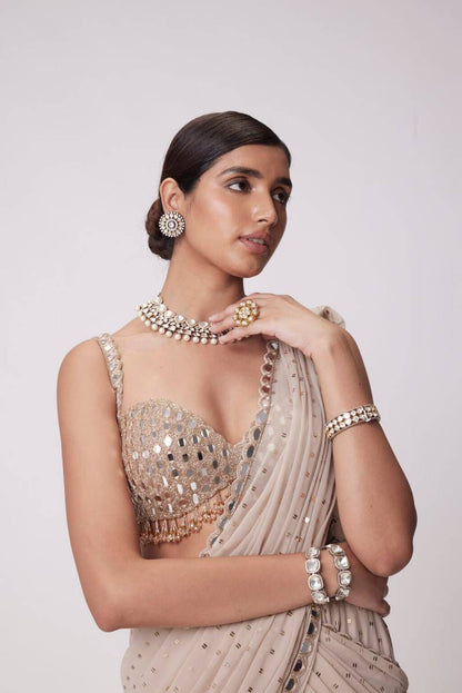 Beige Mirror Work Ready to Wear Saree with Blouse for Women
