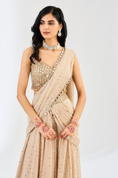 Beige Mirror Work Ready to Wear Saree with Blouse for Women