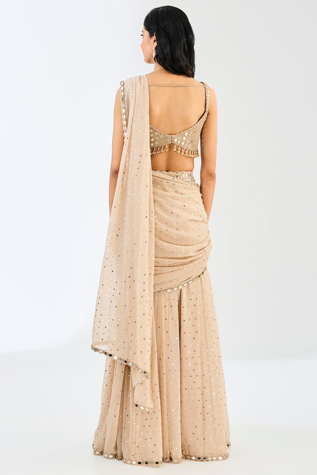 Beige Mirror Work Ready to Wear Saree with Blouse for Women