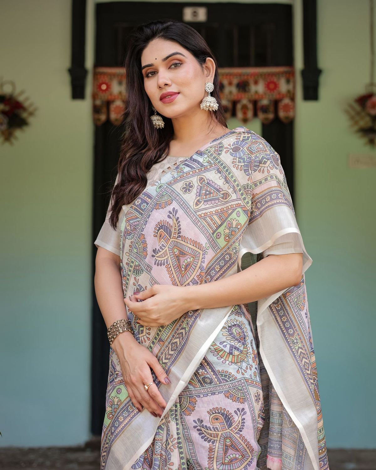 Beige Multicolor Art Print Pure Linen Saree with Border for Women