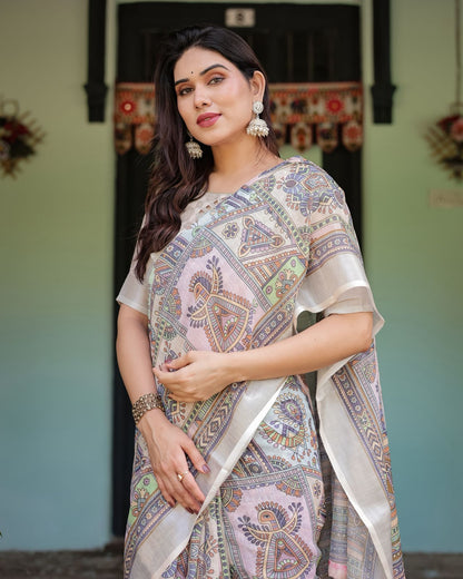 Beige Multicolor Art Print Pure Linen Saree with Border for Women