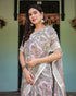 Beige Multicolor Art Print Pure Linen Saree with Border for Women