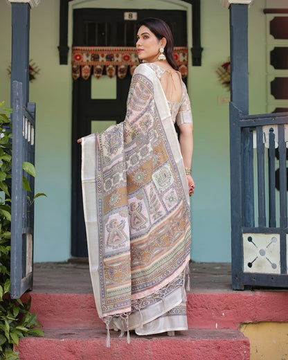 Beige Multicolor Art Print Pure Linen Saree with Border for Women