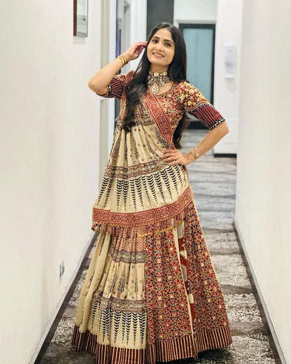 Beige Ethnic Printed Lehenga Set for Navratri and Garba for Women