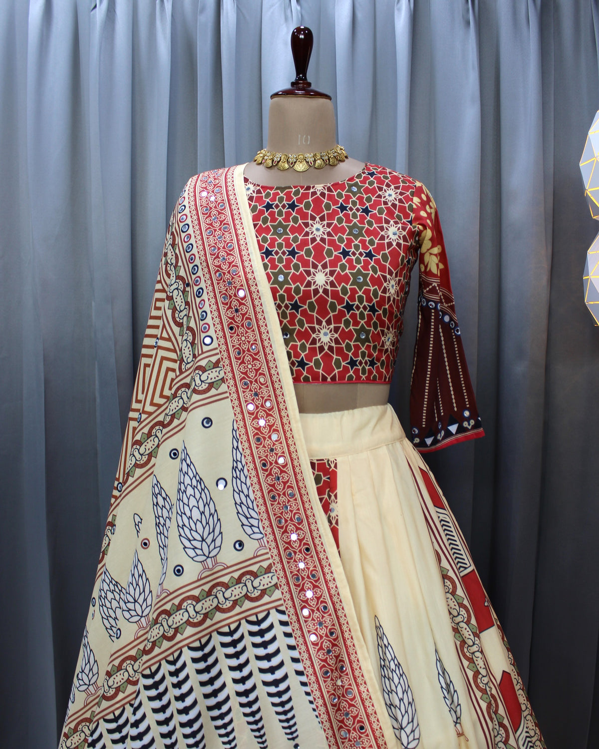 Beige Ethnic Printed Lehenga Set for Navratri and Garba for Women