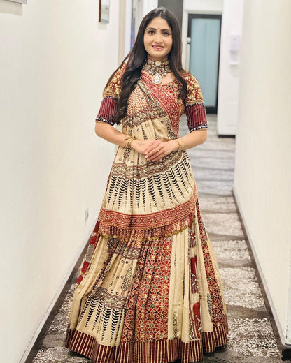 Beige Ethnic Printed Lehenga Set for Navratri and Garba for Women