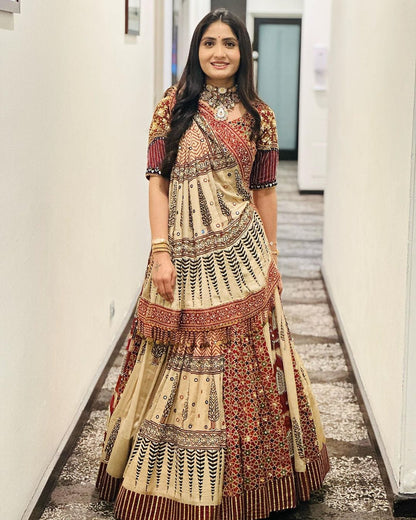 Beige Ethnic Printed Lehenga Set for Navratri and Garba for Women