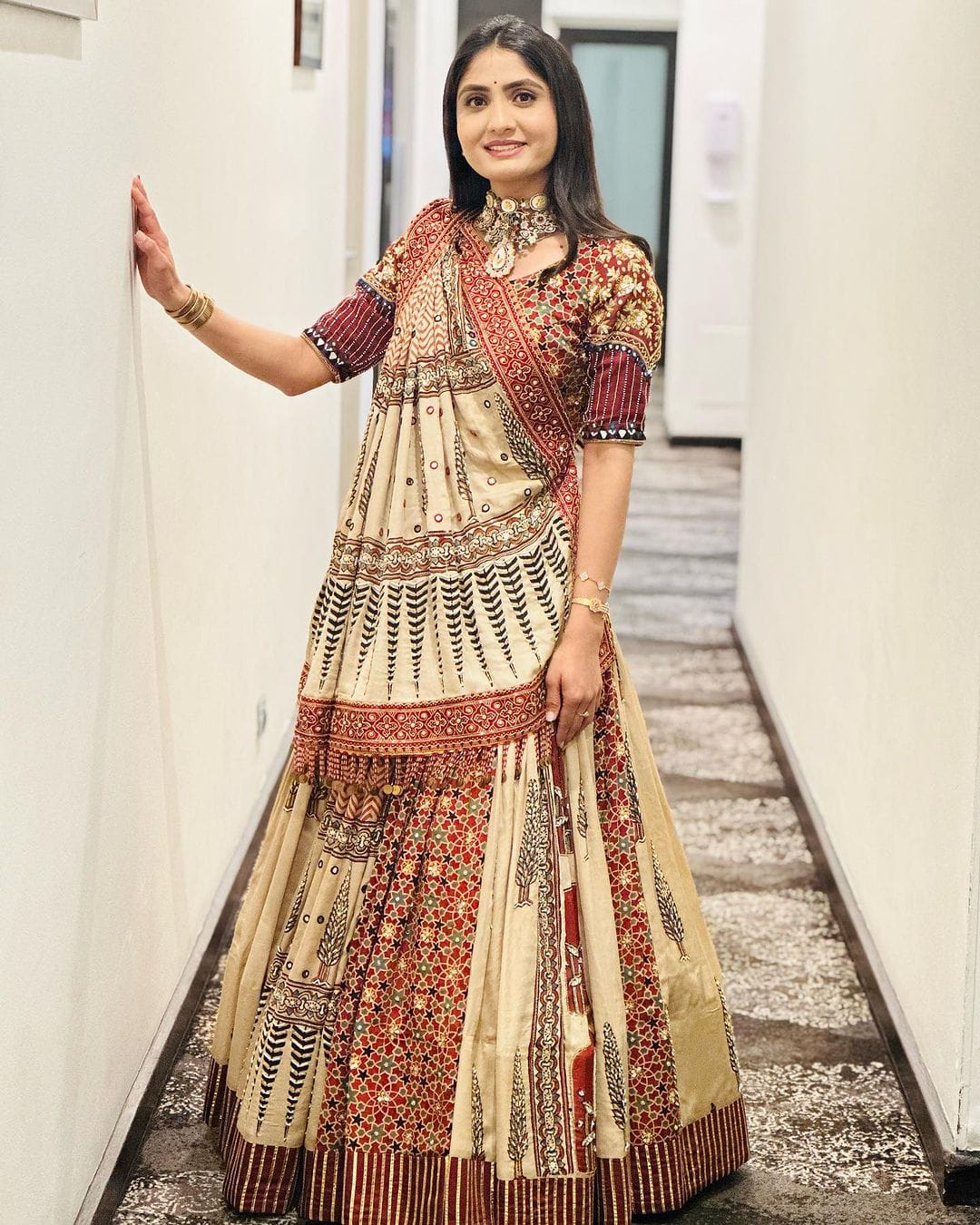Beige Ethnic Printed Lehenga Set for Navratri and Garba for Women